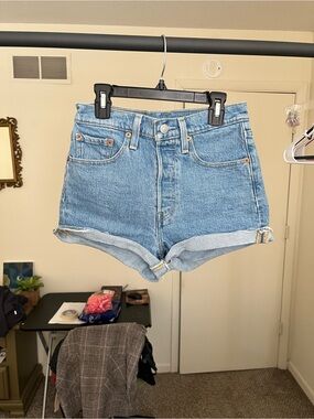 Levi's 501 Light Blue High-Rise Rolled-Raw Hem Denim Shorts